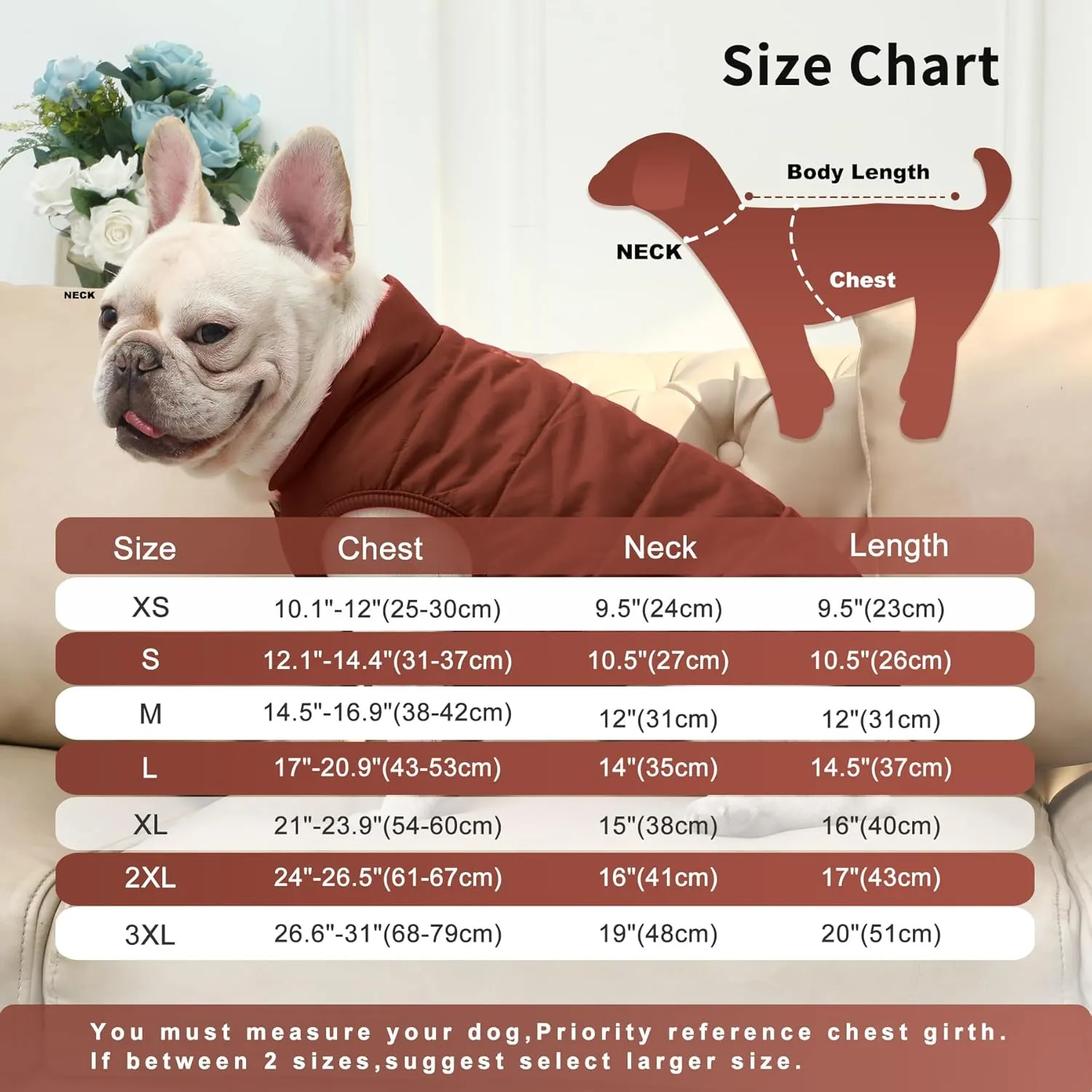 2 Layers Fleece Lined Warm Dog Jacket for Winter Cold Weather,Soft Windproof Medium Dog Coat,Brown L