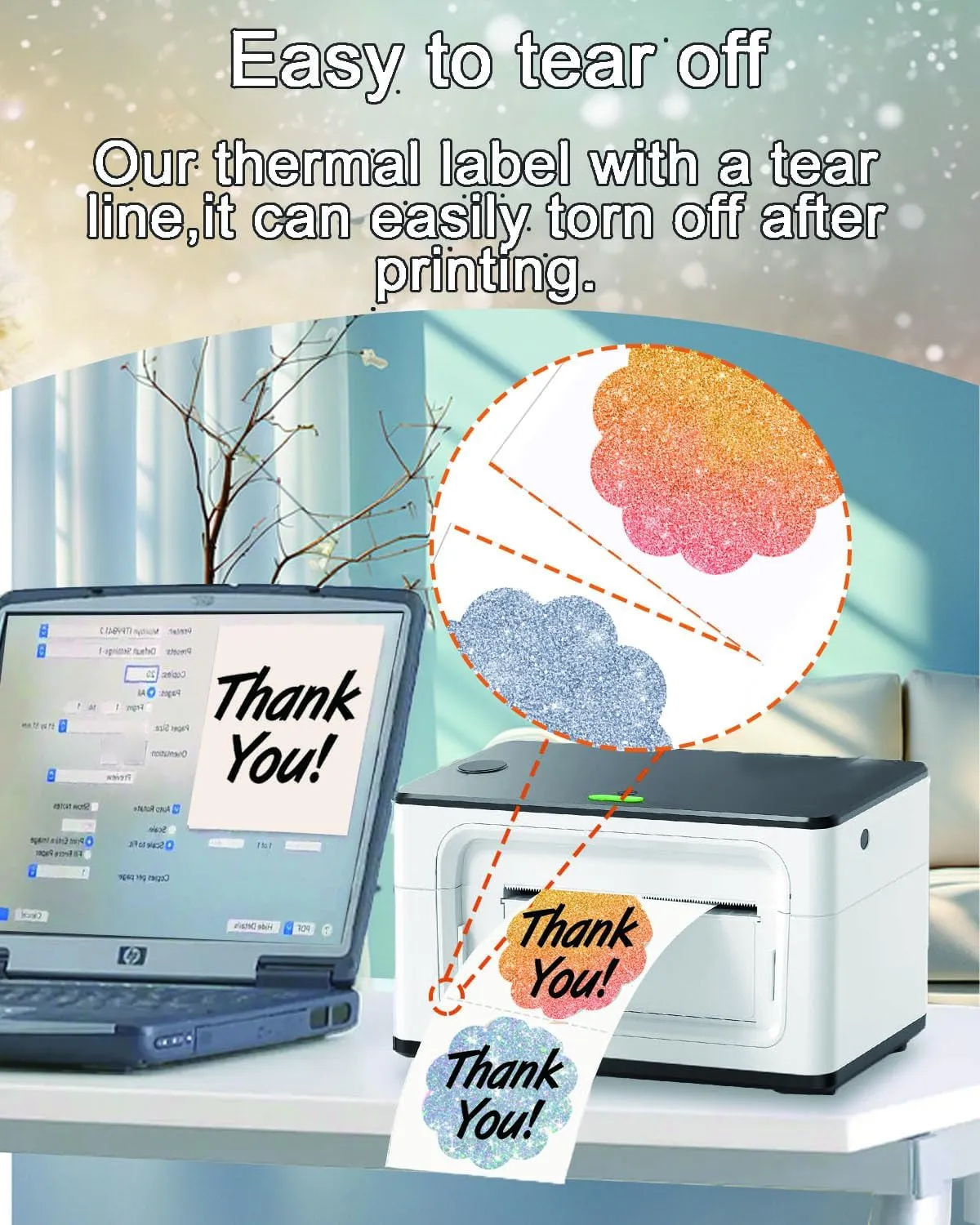 2 x 2 Flower Thermal Labels, 2 inch Round Thermal Sticker Label for Business and Home, Circle Thermal Printer Labels for DIY Logo Design, Thanks Card, 500 PCS/1 Roll, Gold/Silver