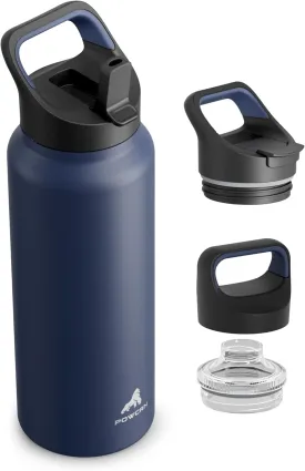 40 oz Insulated Water Bottle for Sports: 3 Lids, Leakproof, Keep Ice 24H and Hot 12H, Double Wall, Large Metal Water Flask with Handle for Camping, Hiking, Outdoors, Workout, Travel (Navy Blue)