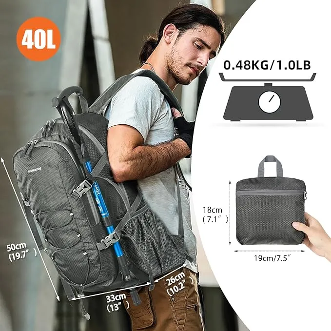 40L Lightweight Hiking Backpack Travel Packable Daypack for Women and Men, Grey
