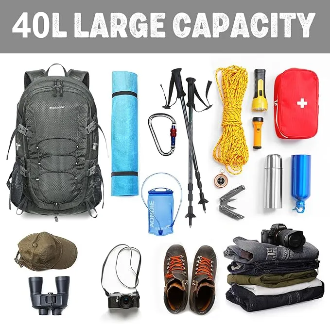 40L Lightweight Hiking Backpack Travel Packable Daypack for Women and Men, Grey