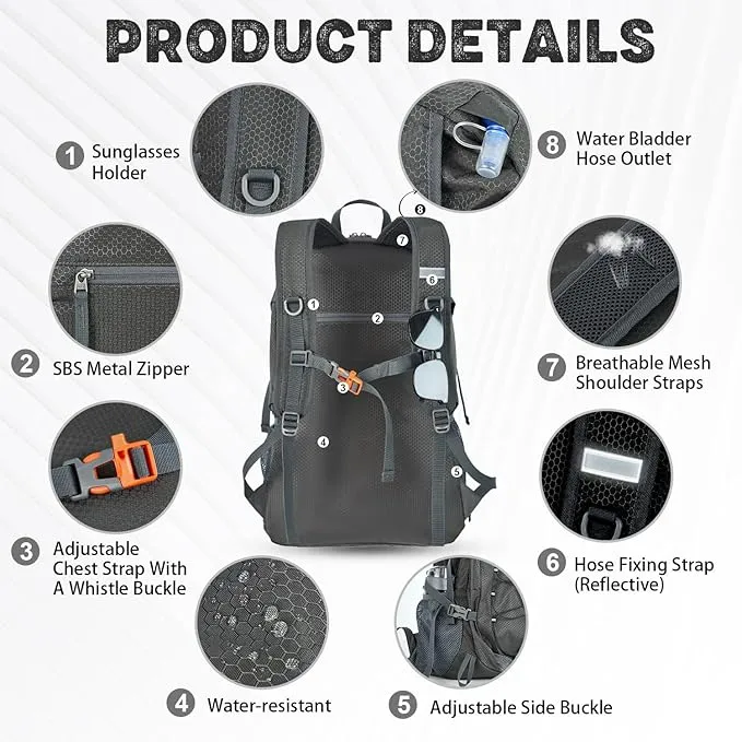 40L Lightweight Hiking Backpack Travel Packable Daypack for Women and Men, Grey