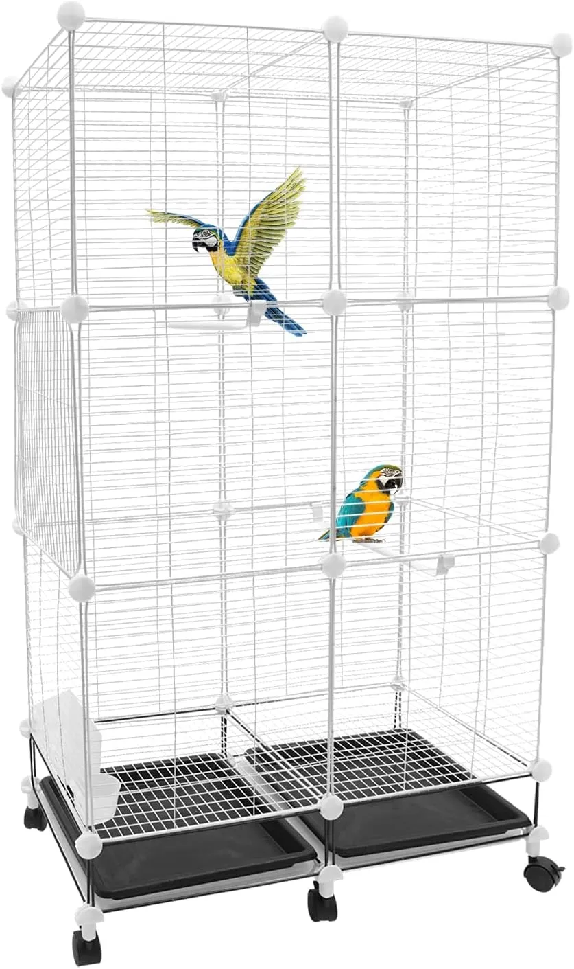49-Inch Wrought Iron Bird Cage, 3 Tier Large Bird Cage Parakeet Cage with Cup, Bowl, Trays, Rods and Wheels, Suitable for Canaries, Parrots, Sparrows (Iron mesh)