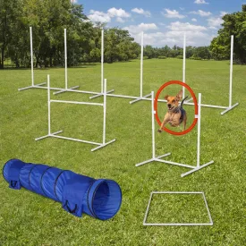 6-Pack Dog Agility Training Equipment Set - Includes Adjustable Bar Jump, Tire Jump, Weave Poles, Tunnel with Sandbags, and Pause Box - Portable with Carry Cases