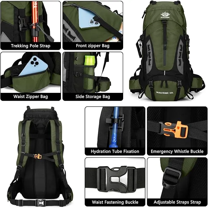 60L Hiking Backpack Men Camping Backpack with rain cover Lightweight Backpacking Backpack Travel Backpack (Army Green)