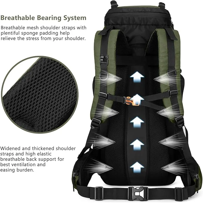 60L Hiking Backpack Men Camping Backpack with rain cover Lightweight Backpacking Backpack Travel Backpack (Army Green)