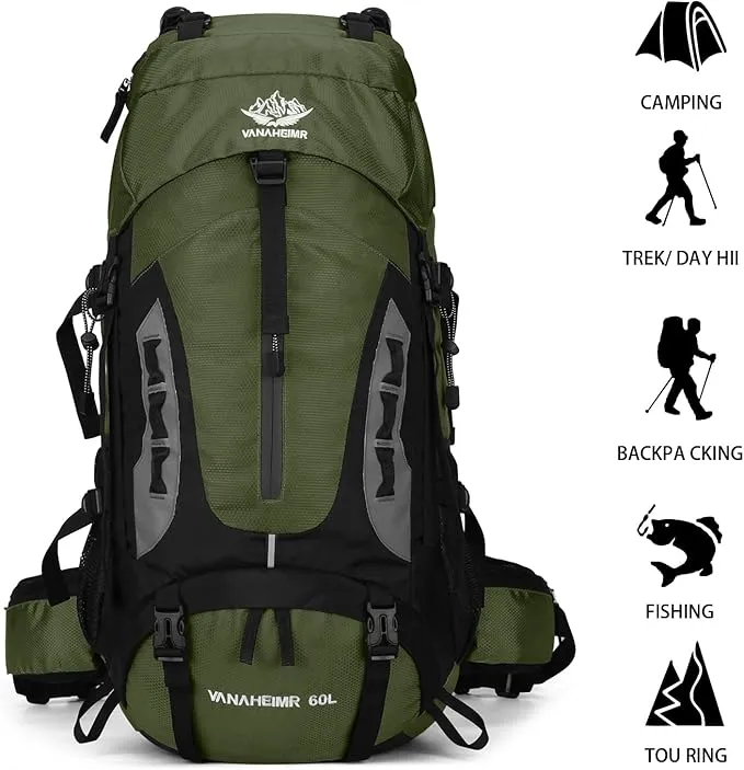 60L Hiking Backpack Men Camping Backpack with rain cover Lightweight Backpacking Backpack Travel Backpack (Army Green)