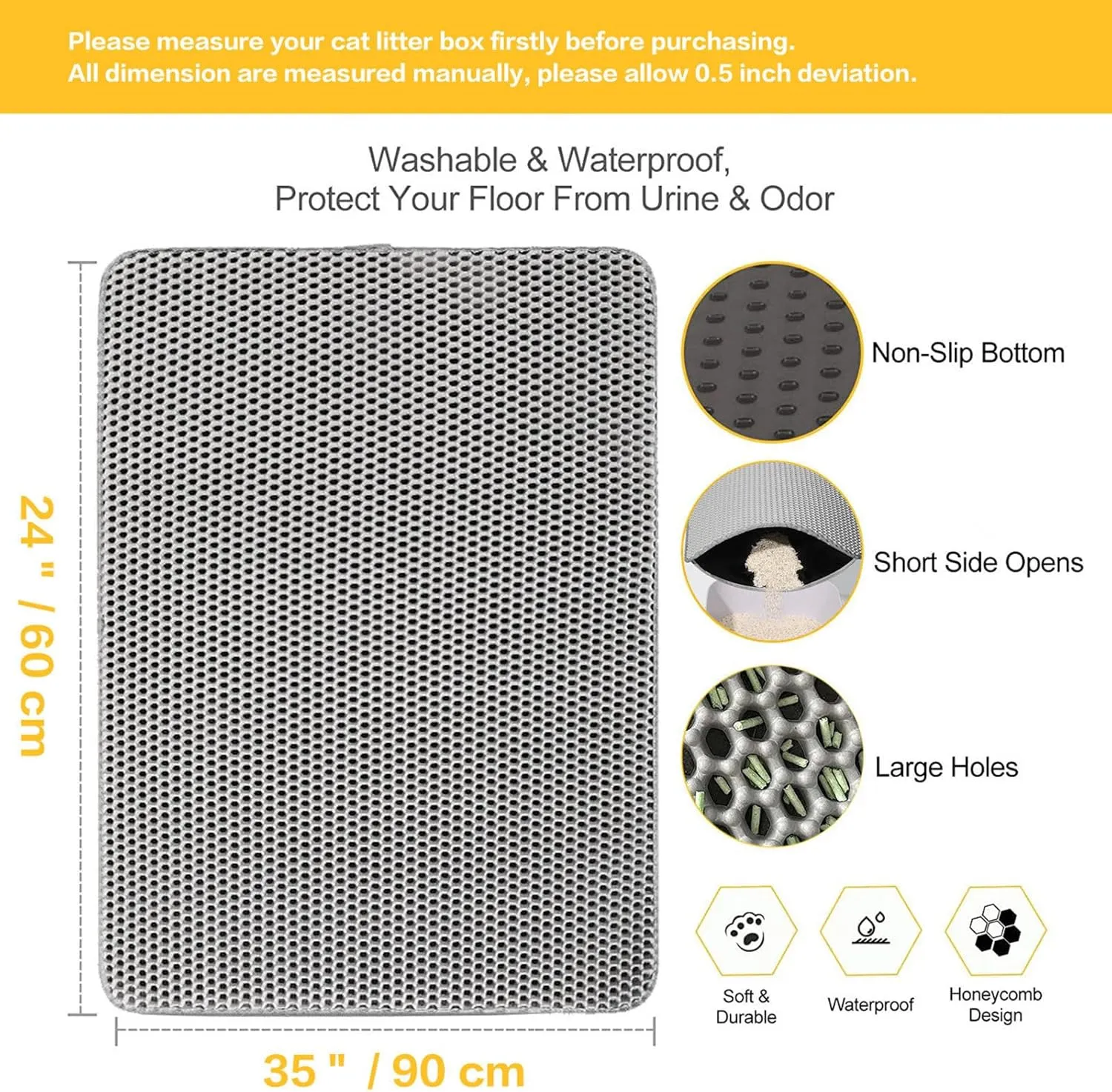 Cat Litter Mat Litter Trapping Mat, 24X35In/26X46In Honeycomb Double Layer Cat Litter Mat Litter Trapping Mat Cat Litter Trap Mats, Less Waste,Soft On Paws,Non-Slip,24X35In-Black