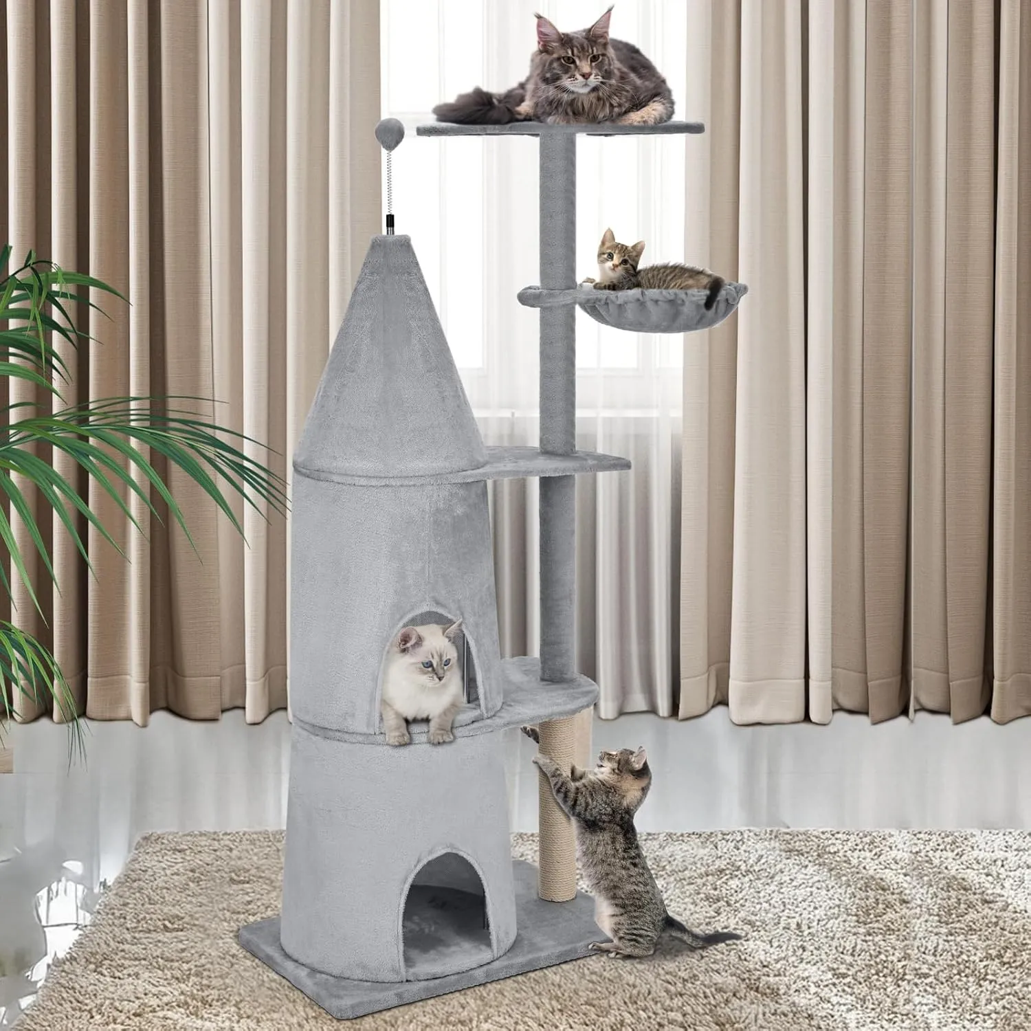 Cat Tree Tower for Indoor, 54Inch Castle Cat Condo for Large Adult, Small Cat, Heavy Duty Cat Tree House with Hammock, Sisal Scratching Post