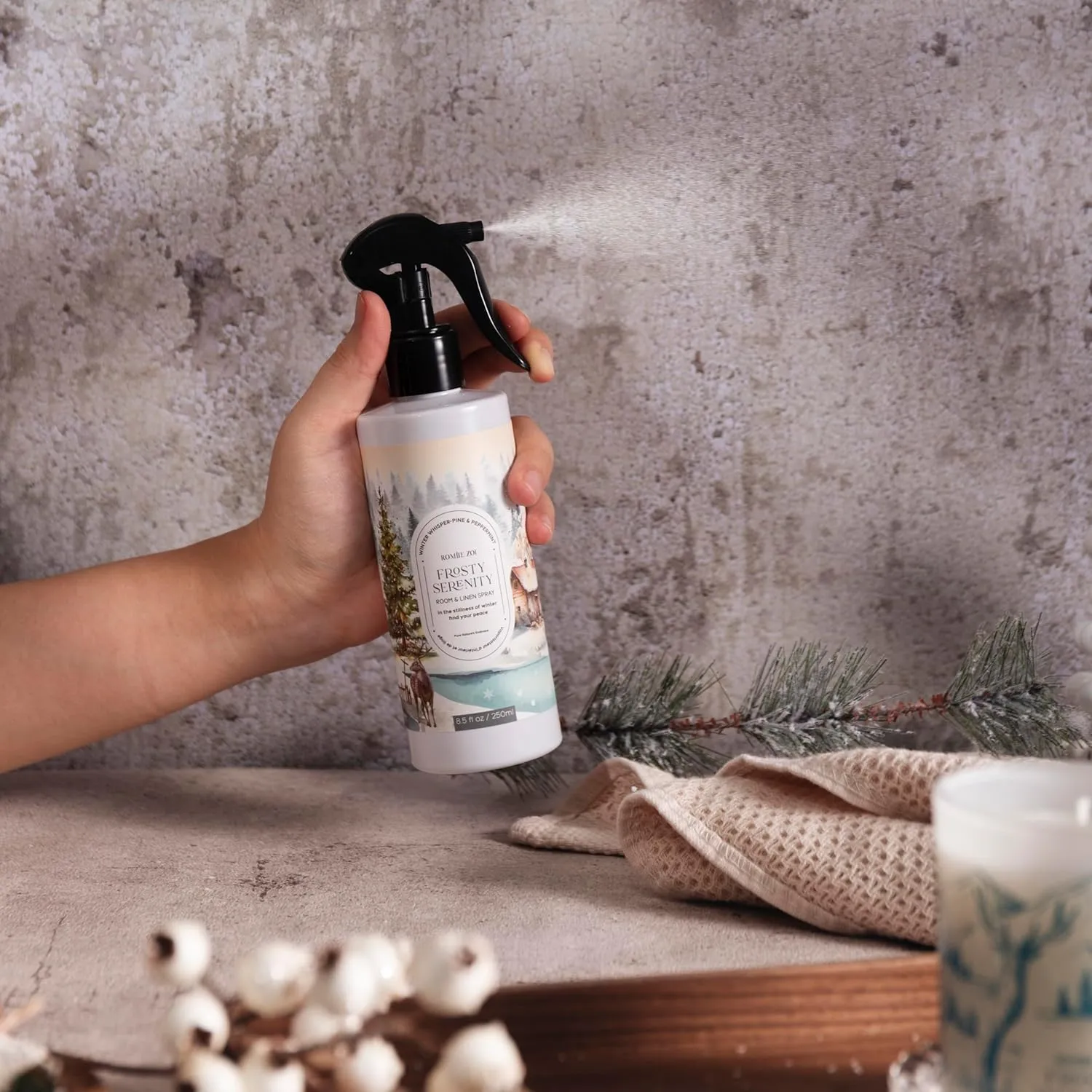 Christmas Linen & Room Air Freshener Spray Room Mist- Frosty Serenity - Infused with Frosted Mint & Fir Aroma- 250ml / 8.5 FL OZ.