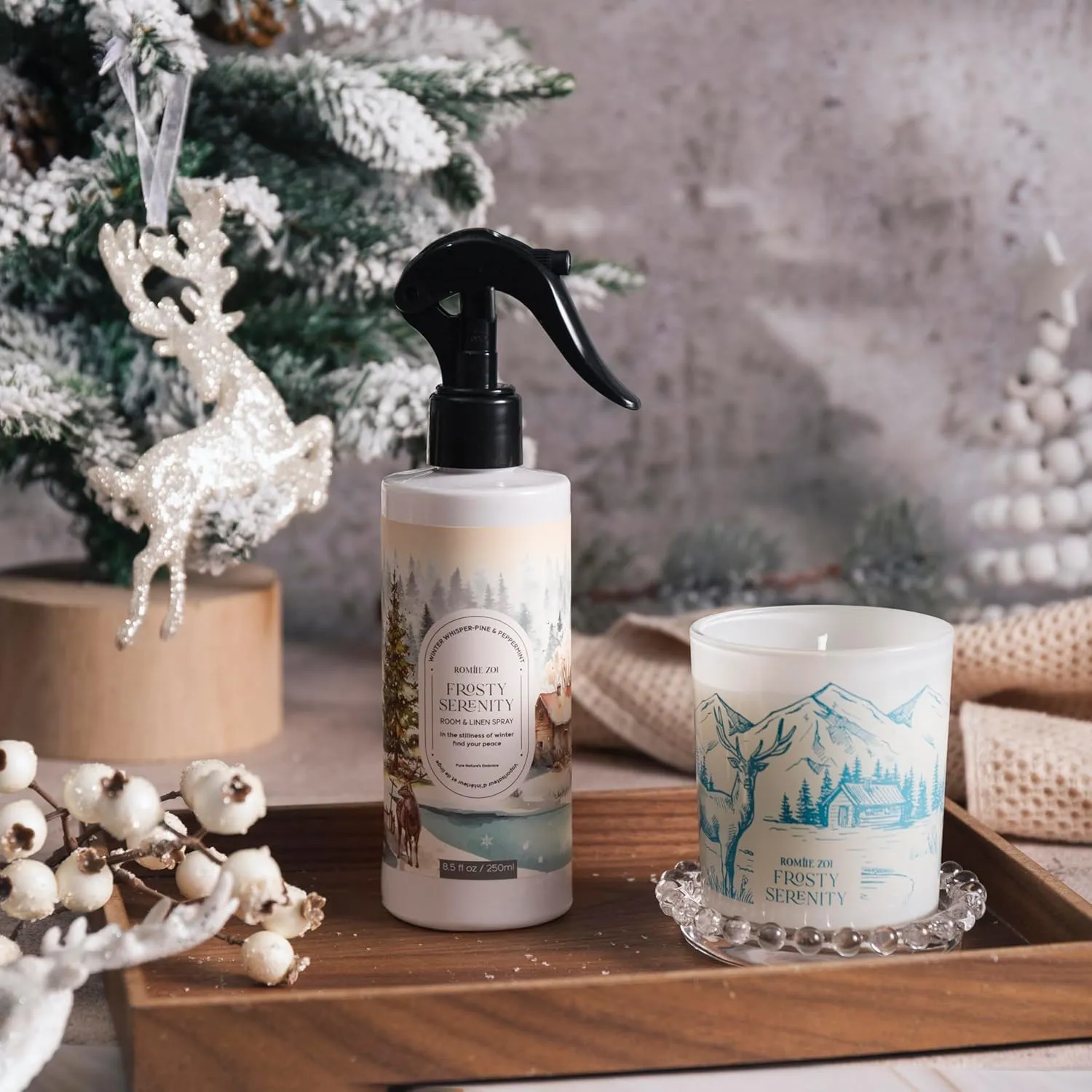 Christmas Linen & Room Air Freshener Spray Room Mist- Frosty Serenity - Infused with Frosted Mint & Fir Aroma- 250ml / 8.5 FL OZ.