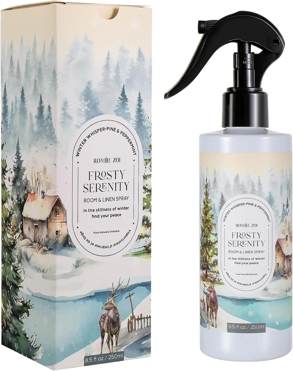 Christmas Linen & Room Air Freshener Spray Room Mist- Frosty Serenity - Infused with Frosted Mint & Fir Aroma- 250ml / 8.5 FL OZ.