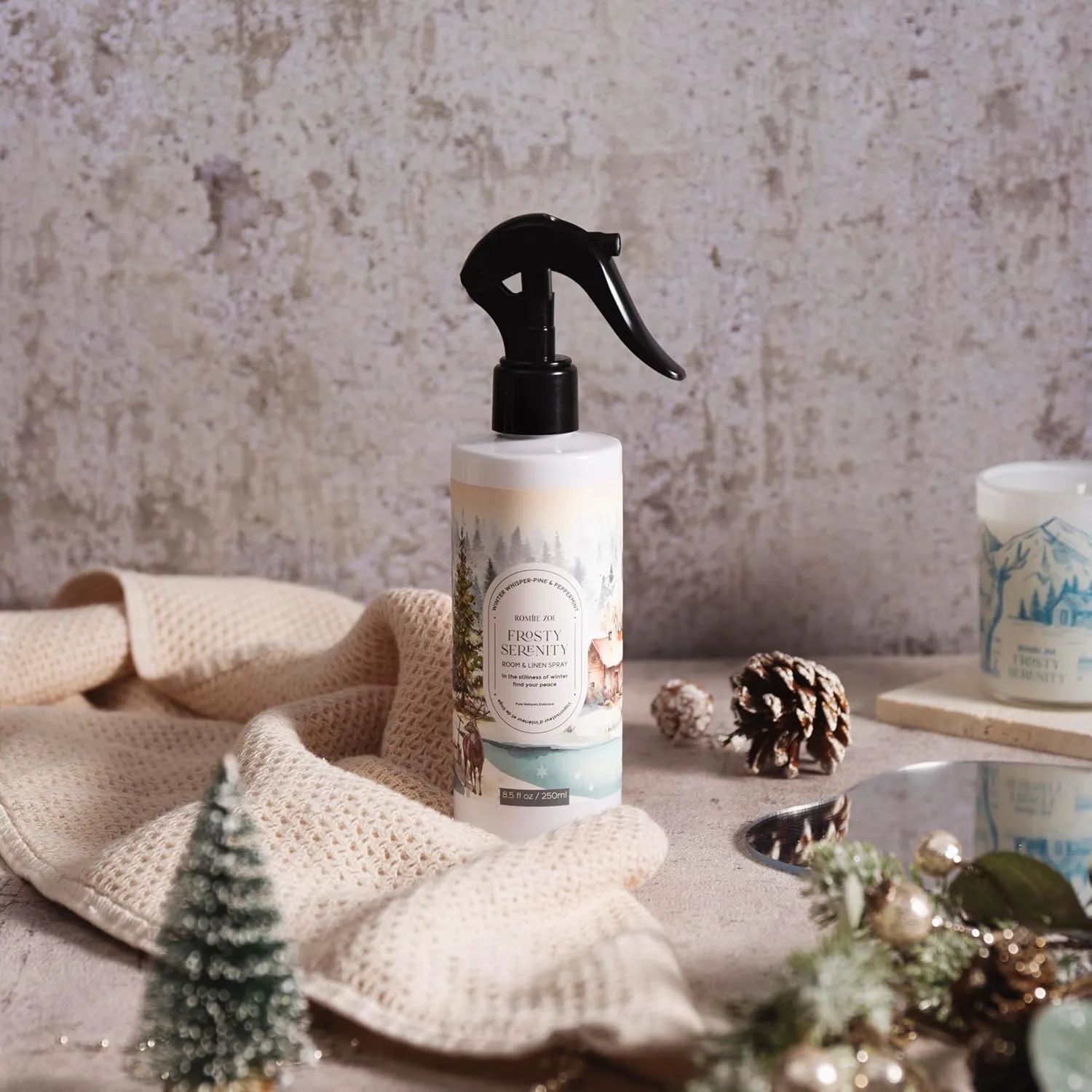 Christmas Linen & Room Air Freshener Spray Room Mist- Frosty Serenity - Infused with Frosted Mint & Fir Aroma- 250ml / 8.5 FL OZ.