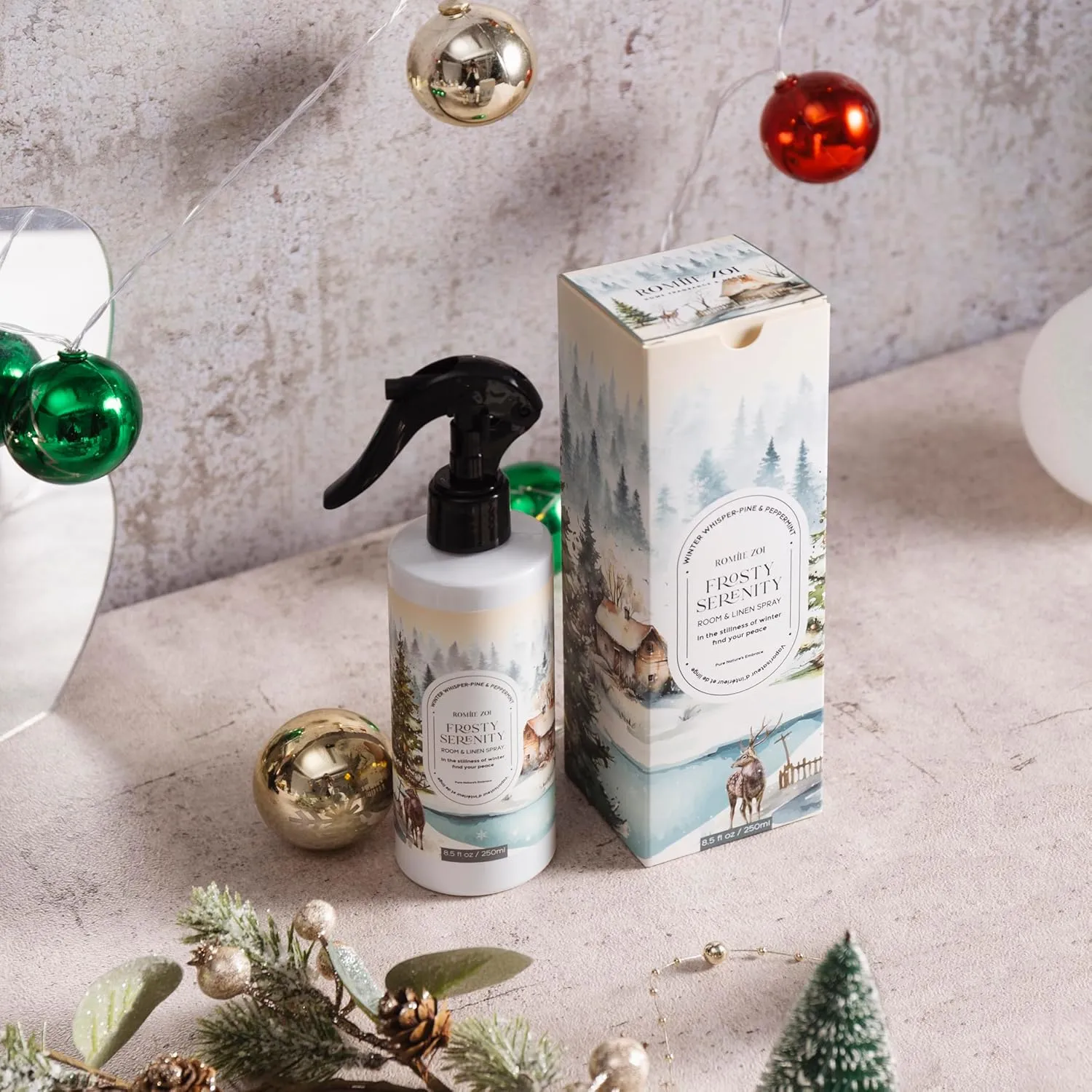Christmas Linen & Room Air Freshener Spray Room Mist- Frosty Serenity - Infused with Frosted Mint & Fir Aroma- 250ml / 8.5 FL OZ.