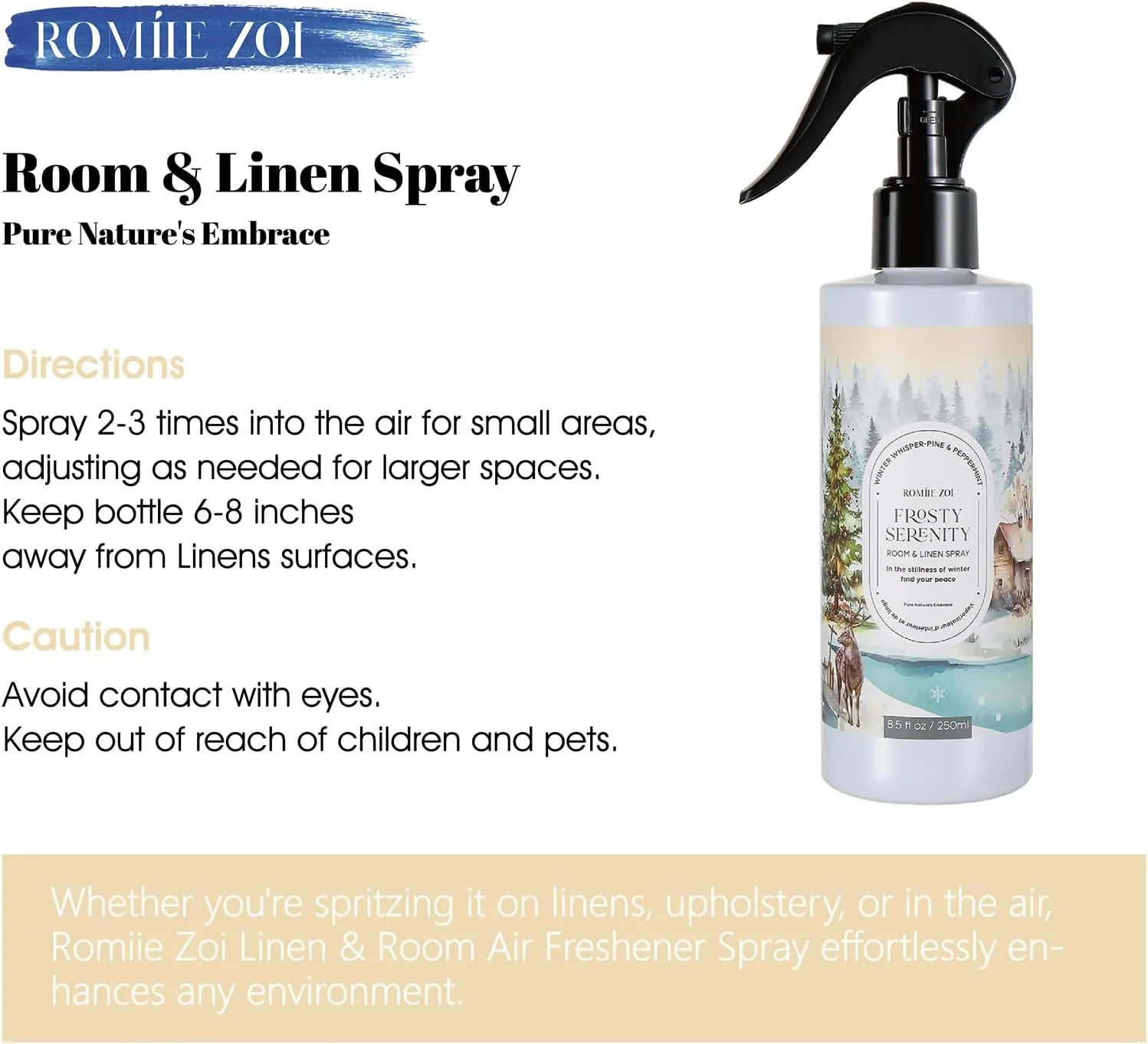 Christmas Linen & Room Air Freshener Spray Room Mist- Frosty Serenity - Infused with Frosted Mint & Fir Aroma- 250ml / 8.5 FL OZ.