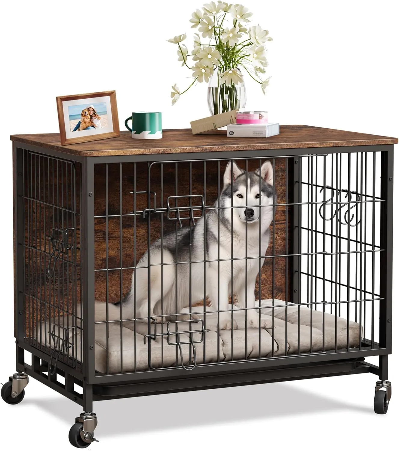 Dog Crate Furniture, 2024 Deluxe Wooden Dog Kennel with Removable Tray and Wheels, Heavy-Duty Double-Doors 27.2" Dog Cage End Table, Indoor Dog House for Large Dogs (Brown & Black, Small)