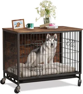 Dog Crate Furniture, 2024 Deluxe Wooden Dog Kennel with Removable Tray and Wheels, Heavy-Duty Double-Doors 27.2" Dog Cage End Table, Indoor Dog House for Large Dogs (Brown & Black, Small)