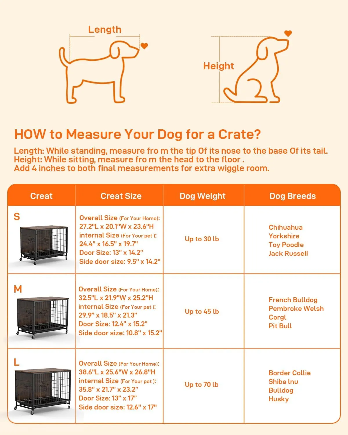 Dog Crate Furniture, 32.5 Inch Wooden Heavy-Duty Dog Kennel with Pull-Out Tray & Removable Wheels, Modern Double-Doors Dog House, Side End Table for Medium Dog, Rustic Brown
