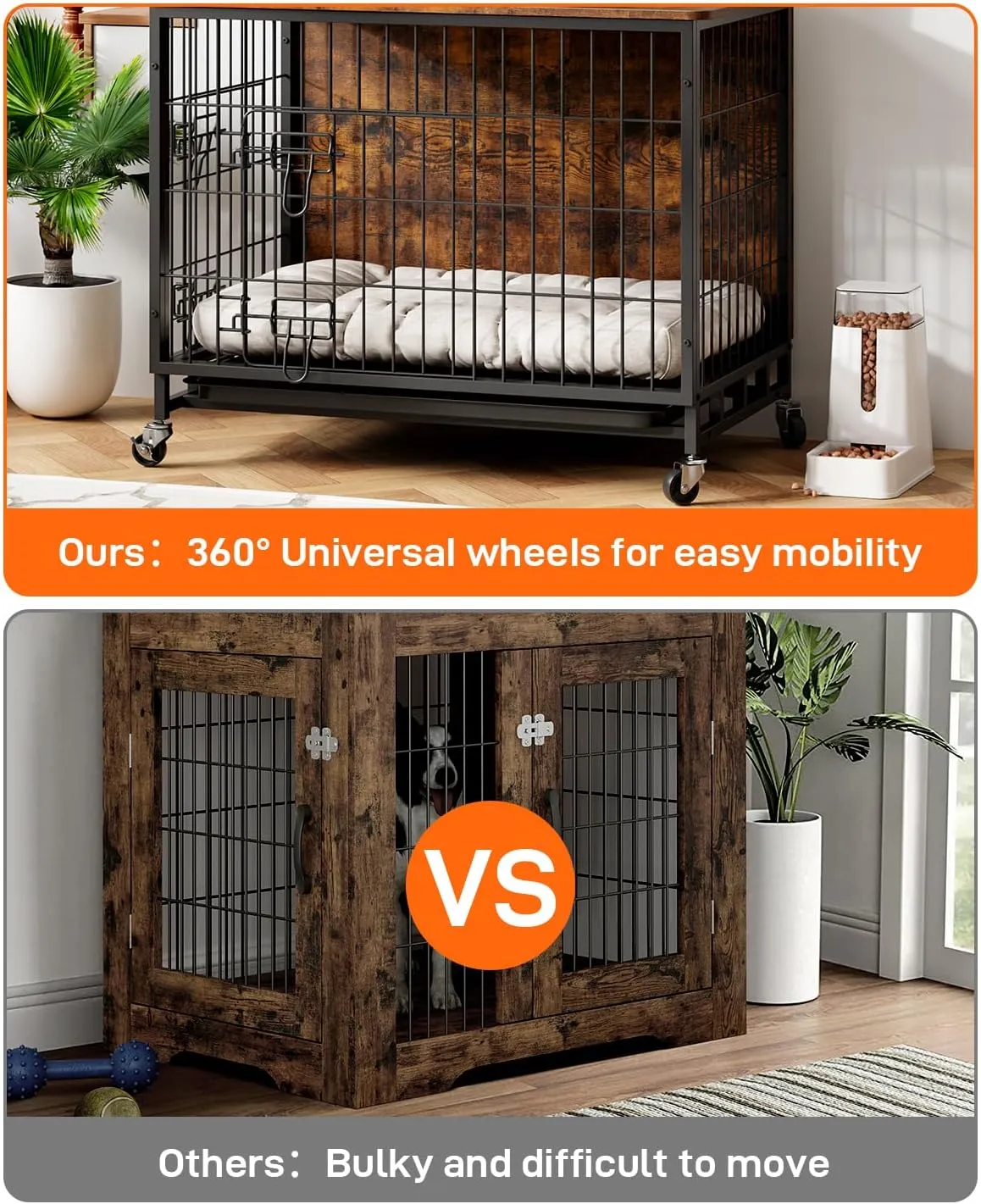 Dog Crate Furniture, 32.5 Inch Wooden Heavy-Duty Dog Kennel with Pull-Out Tray & Removable Wheels, Modern Double-Doors Dog House, Side End Table for Medium Dog, Rustic Brown