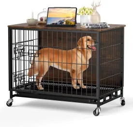 Dog Crate Furniture, 32.5 Inch Wooden Heavy-Duty Dog Kennel with Pull-Out Tray & Removable Wheels, Modern Double-Doors Dog House, Side End Table for Medium Dog, Rustic Brown