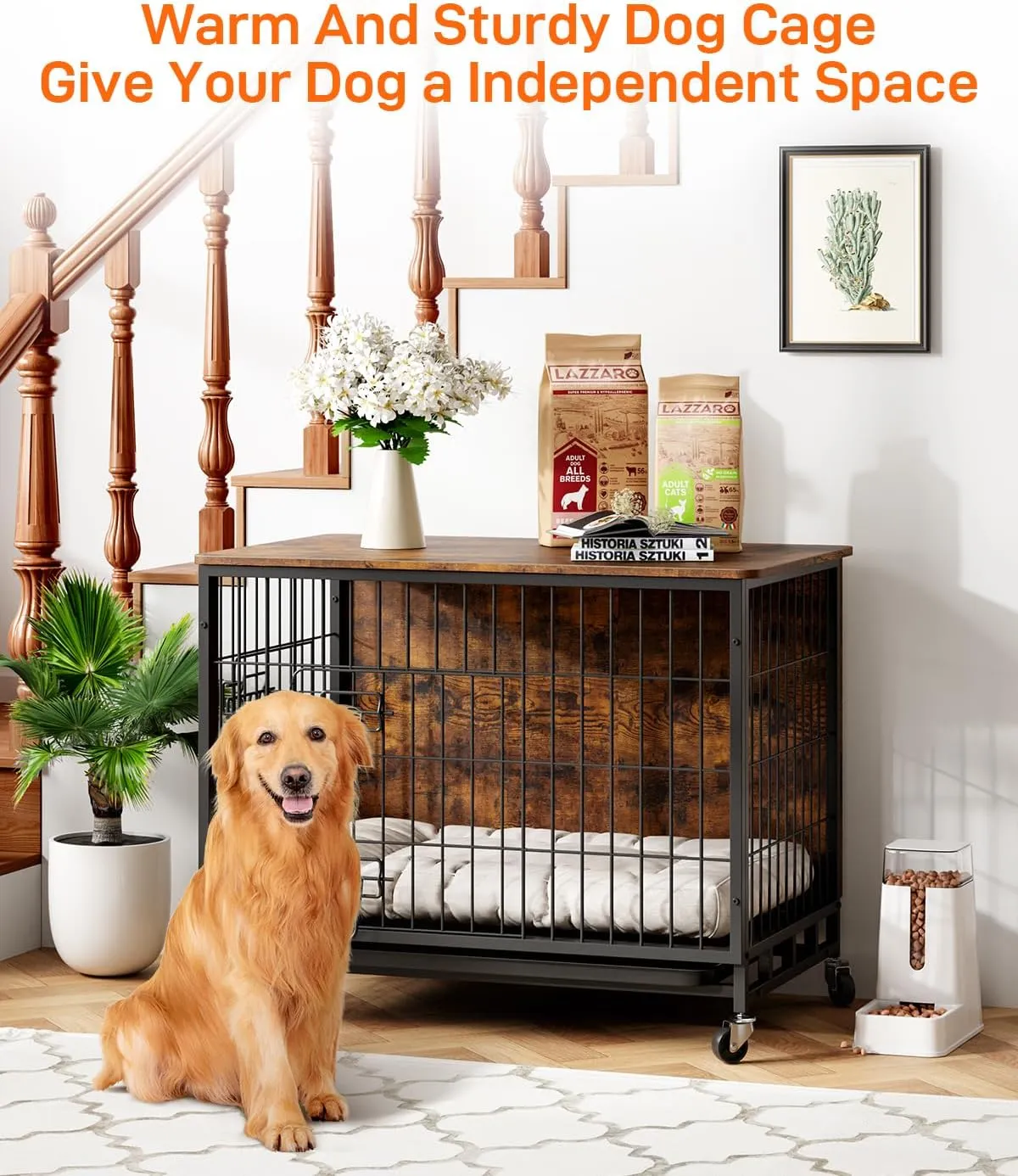 Dog Crate Furniture, 32.5 Inch Wooden Heavy-Duty Dog Kennel with Pull-Out Tray & Removable Wheels, Modern Double-Doors Dog House, Side End Table for Medium Dog, Rustic Brown