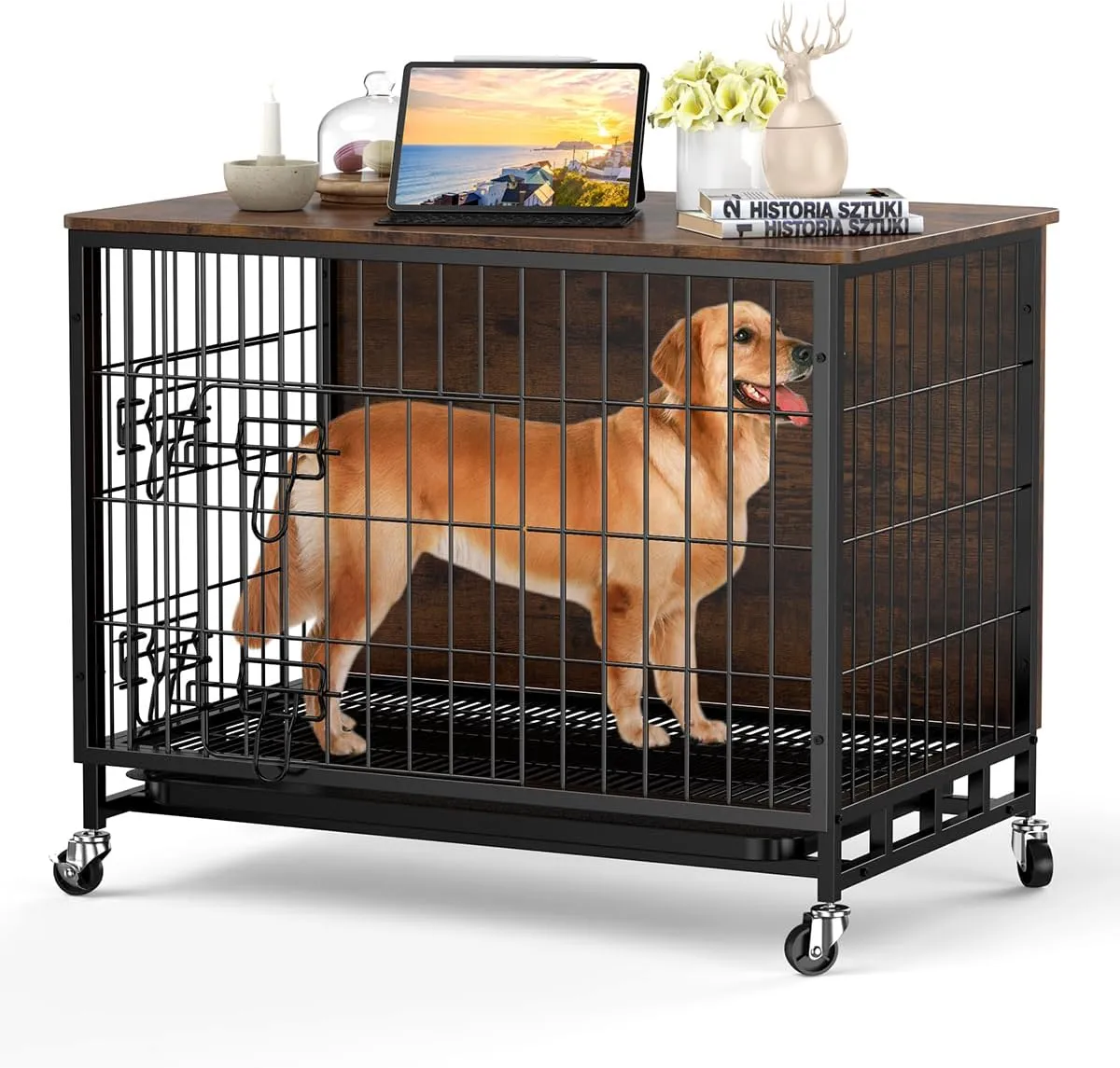 Dog Crate Furniture, 32.5 Inch Wooden Heavy-Duty Dog Kennel with Pull-Out Tray & Removable Wheels, Modern Double-Doors Dog House, Side End Table for Medium Dog, Rustic Brown