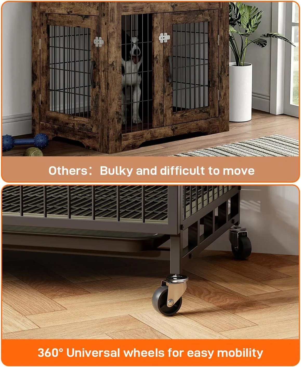 Dog Crate Furniture, 32.5 Inch Wooden Heavy-Duty Dog Kennel with Pull-Out Tray & Removable Wheels, Modern Double-Doors Dog House, Side End Table for Medium Dog, Rustic Brown