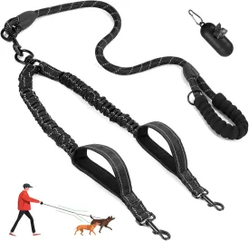 Double Dogs Leash - Removable Main Lead Rope with Splitter, No Tangle 2 Dog Coupler, Reflective No Pull Bungee, 3 Handle, D-Ring, Extra Long for Walk Train Medium Large Two Pet (Black)