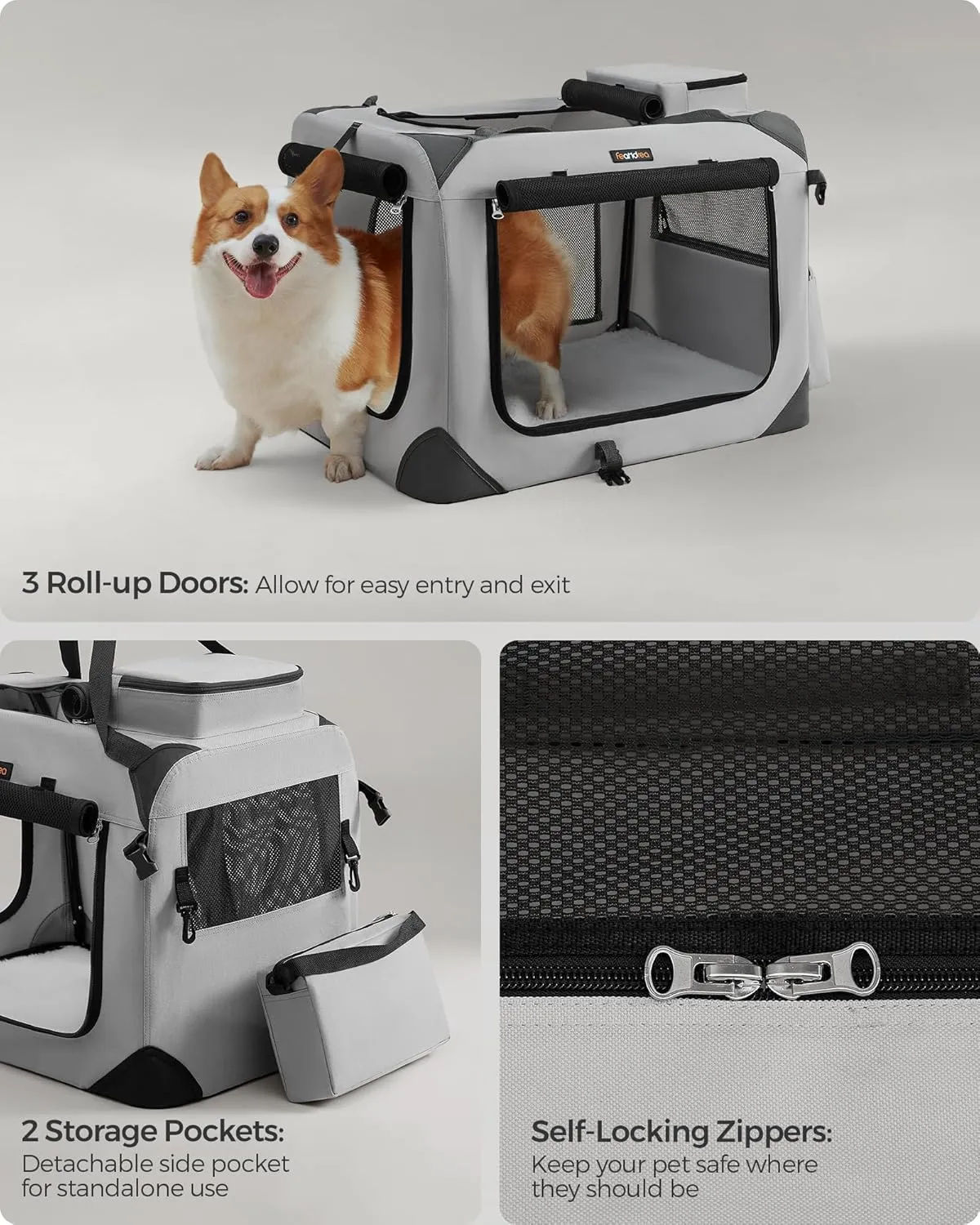 Feandrea 28 Inches Collapsible Soft Dog Crate, Portable Travel Dog Crate for Indoor and Outdoor Use, Dog Carrier Kennel with Safety Zippers, for Living Room, Car, Travelling, Smoke Gray UPDC070G02