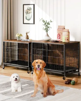 GAOMON 2024 New 32.5" Dog Crate Furniture, Heavy-Duty Wooden Dog Kennel with Removable Tray and Wheels, Double-Doors Dog Cage End Table, Indoor Dog House for Medium/Small Dogs, Rustic Brown