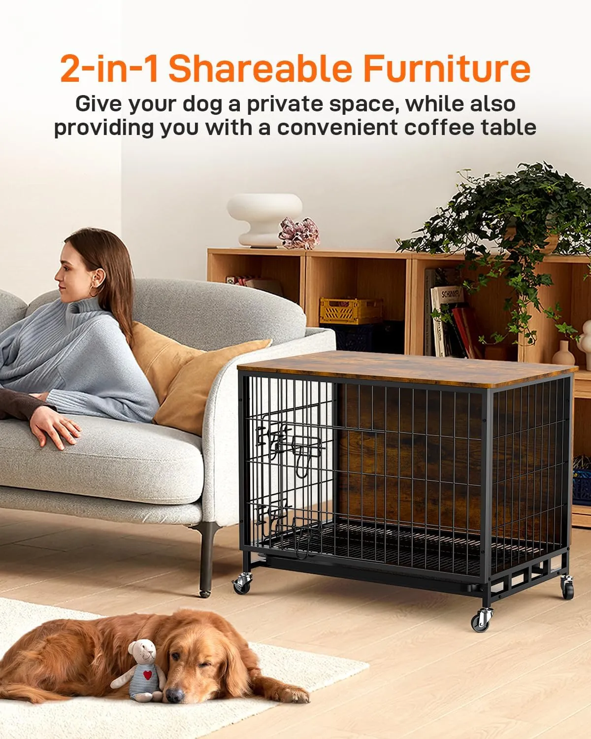 GAOMON 2024 New 32.5" Dog Crate Furniture, Heavy-Duty Wooden Dog Kennel with Removable Tray and Wheels, Double-Doors Dog Cage End Table, Indoor Dog House for Medium/Small Dogs, Rustic Brown