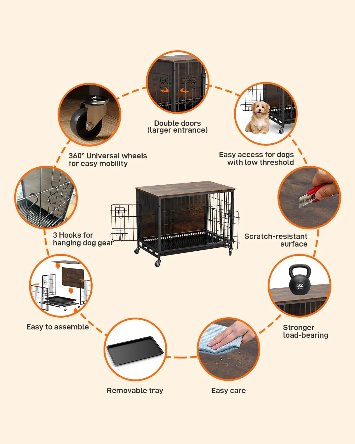 GAOMON 2024 New 32.5" Dog Crate Furniture, Heavy-Duty Wooden Dog Kennel with Removable Tray and Wheels, Double-Doors Dog Cage End Table, Indoor Dog House for Medium/Small Dogs, Rustic Brown