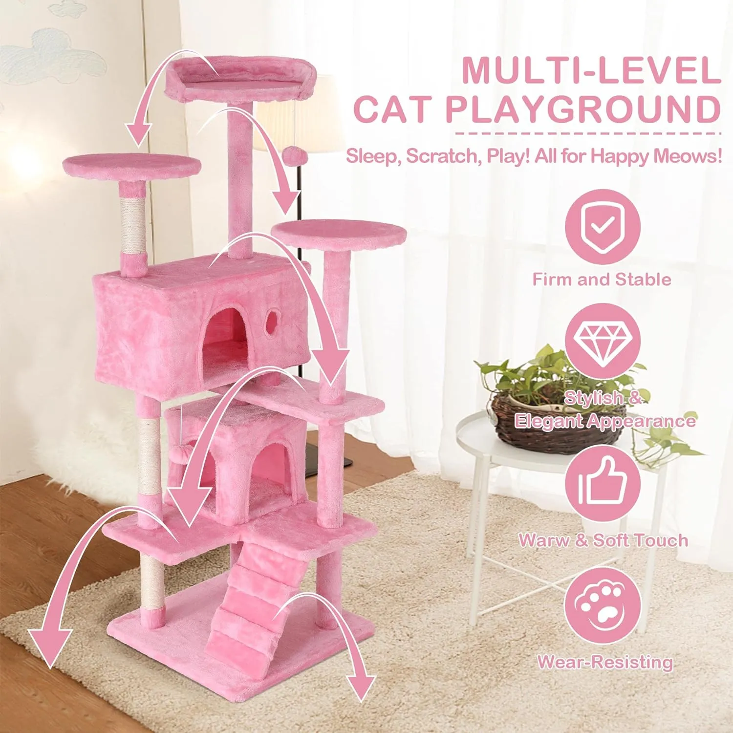 Heavy Duty Cat Tree,54 Inch Tall Cat Tower,2 Cozy Condos,Scratching Posts,Ladders & Sisal Pole,Multi-Level Perches Platforms for Indoor Cats,Sturdy Pet Climbing Furniture,Pink