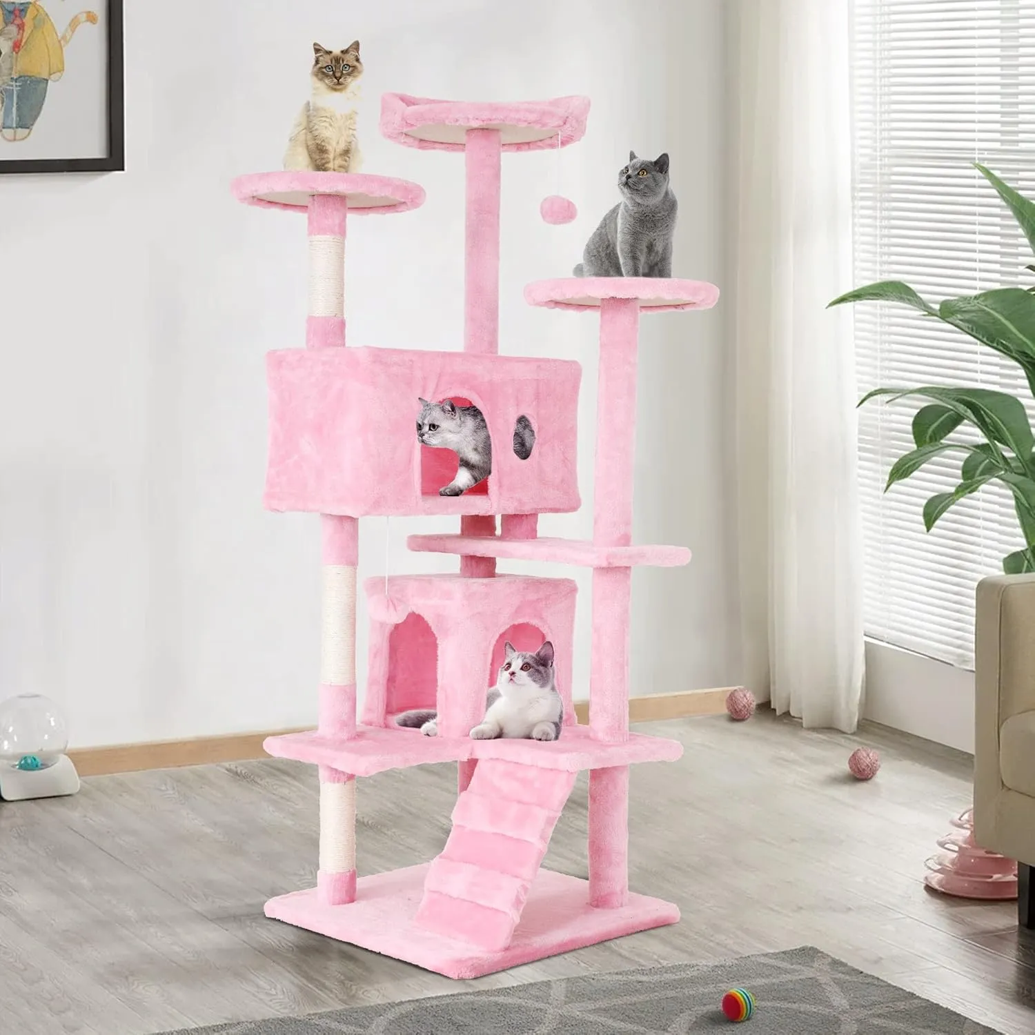 Heavy Duty Cat Tree,54 Inch Tall Cat Tower,2 Cozy Condos,Scratching Posts,Ladders & Sisal Pole,Multi-Level Perches Platforms for Indoor Cats,Sturdy Pet Climbing Furniture,Pink