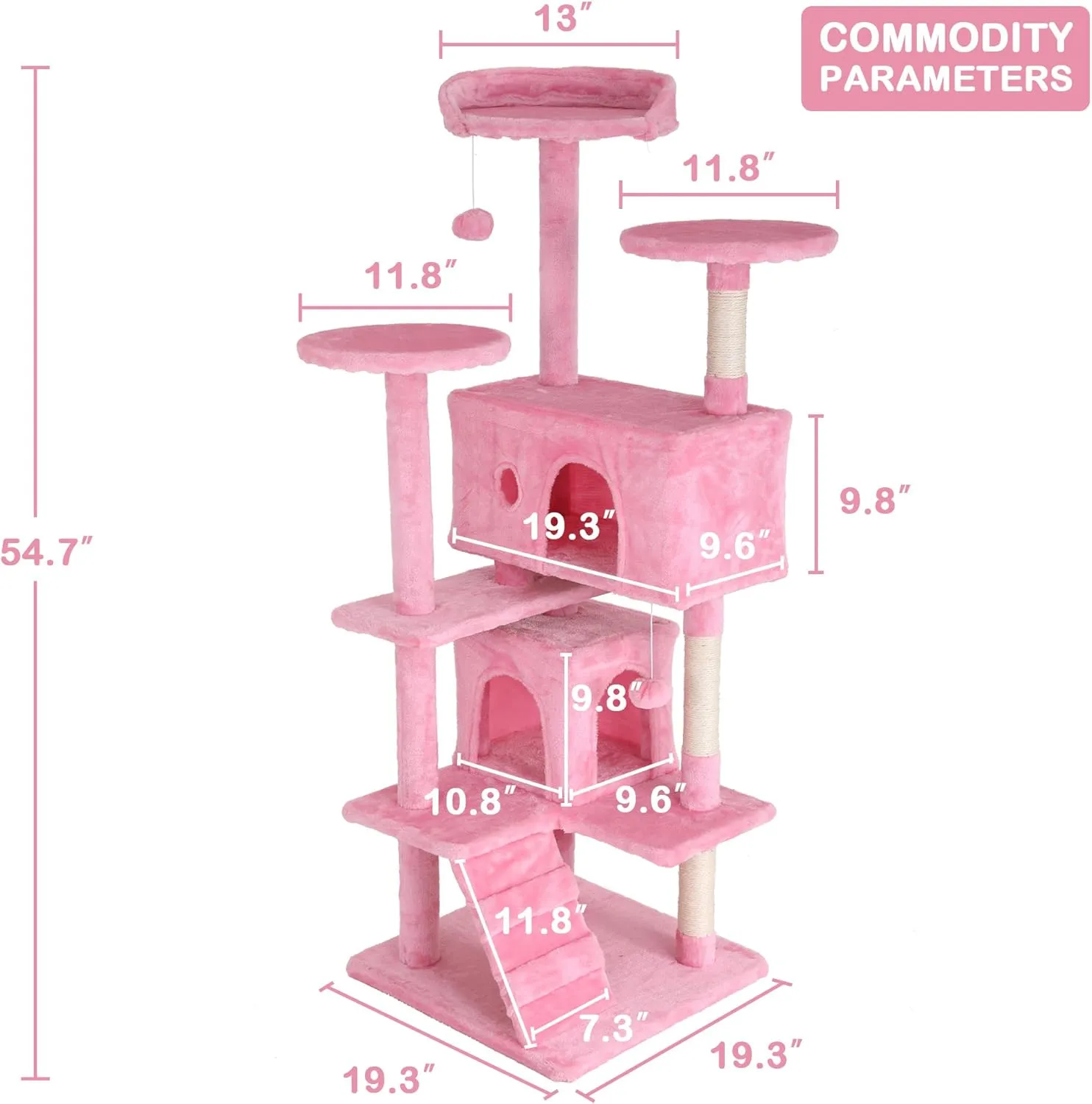 Heavy Duty Cat Tree,54 Inch Tall Cat Tower,2 Cozy Condos,Scratching Posts,Ladders & Sisal Pole,Multi-Level Perches Platforms for Indoor Cats,Sturdy Pet Climbing Furniture,Pink