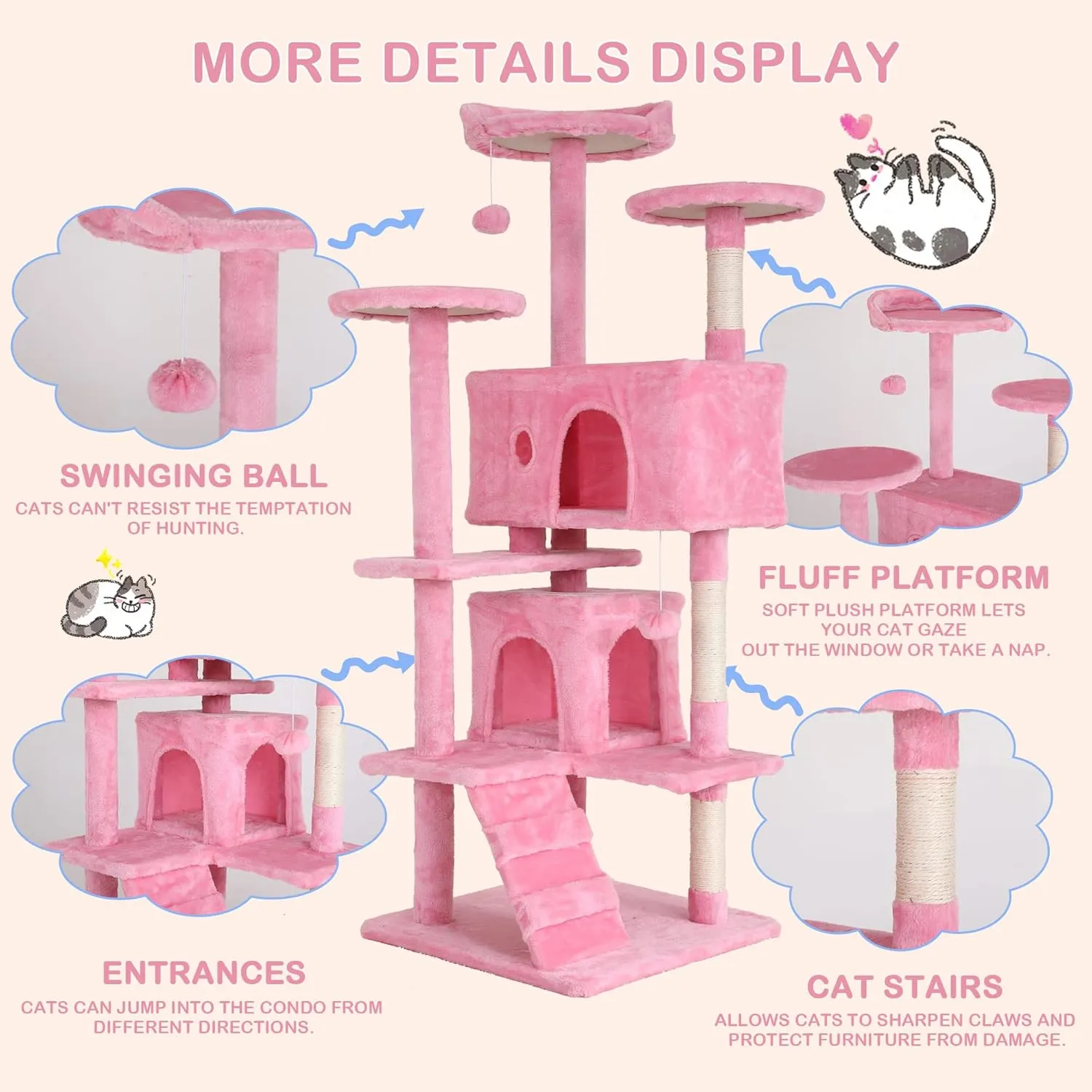 Heavy Duty Cat Tree,54 Inch Tall Cat Tower,2 Cozy Condos,Scratching Posts,Ladders & Sisal Pole,Multi-Level Perches Platforms for Indoor Cats,Sturdy Pet Climbing Furniture,Pink