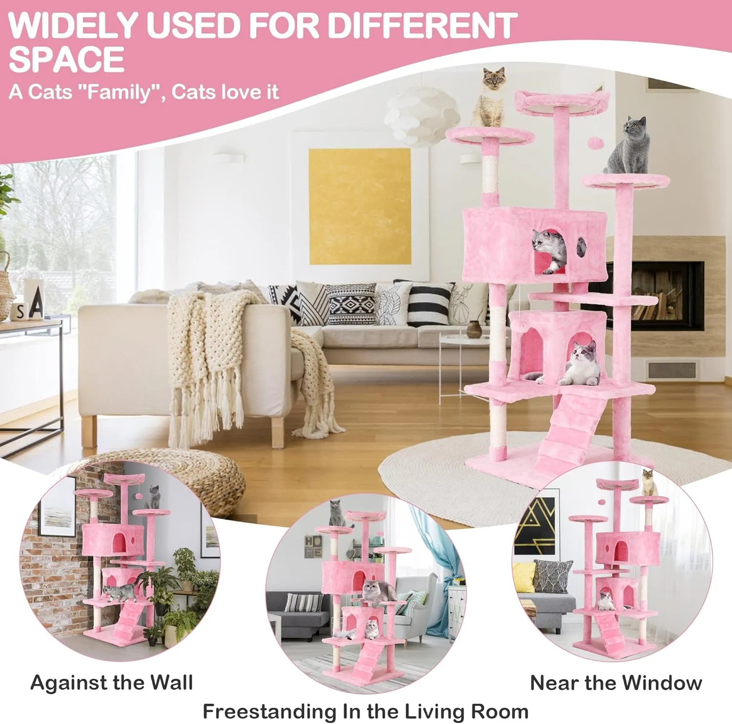Heavy Duty Cat Tree,54 Inch Tall Cat Tower,2 Cozy Condos,Scratching Posts,Ladders & Sisal Pole,Multi-Level Perches Platforms for Indoor Cats,Sturdy Pet Climbing Furniture,Pink