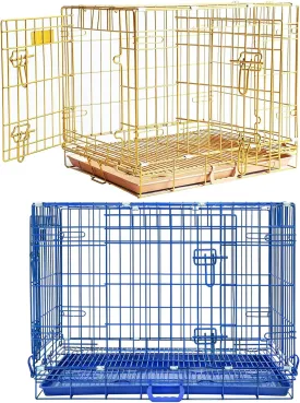 Homey Pet Dog Cage Medium Sized Dog, Collapsible Puppy Crates for Small Dogs, Nano-Coated Metal Wire Dog Kennel Indoor with Removable Floor Grid Tray, Double Doors Dual Locks, GOLD24 BLUE30 Bundle