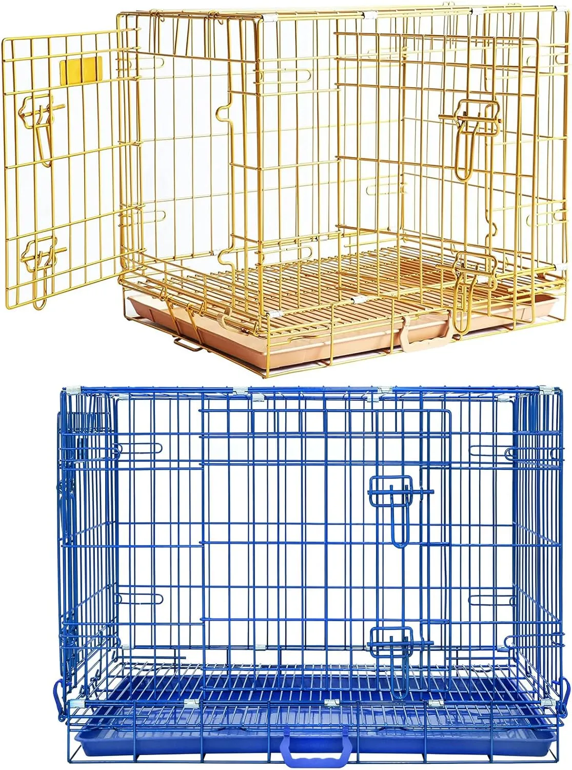 Homey Pet Dog Cage Medium Sized Dog, Collapsible Puppy Crates for Small Dogs, Nano-Coated Metal Wire Dog Kennel Indoor with Removable Floor Grid Tray, Double Doors Dual Locks, GOLD24 BLUE30 Bundle