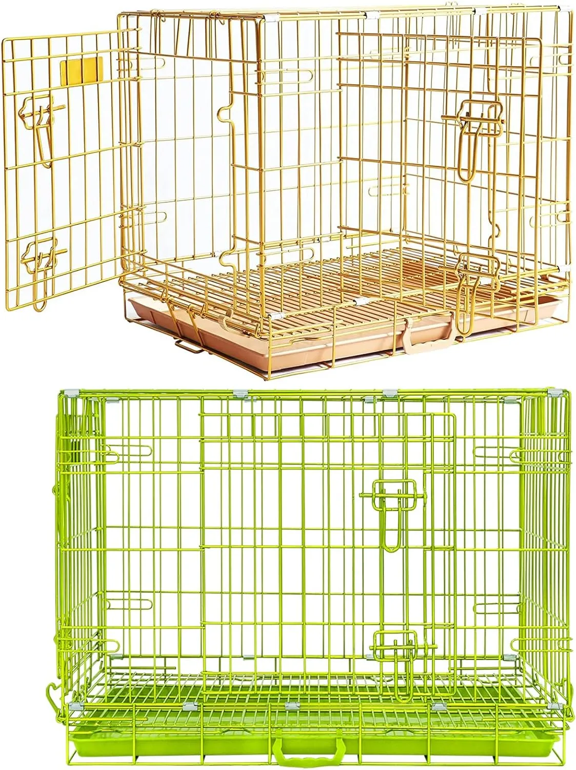Homey Pet Dog Crates for Medium Dogs, Collapsible Small Dog Cage, Nano-Coated Metal Wire Puppy Kennel Indoor with Removable Floor Grid Tray, Double Doors Dual Locks, GOLD24 GREEN30 Bundle