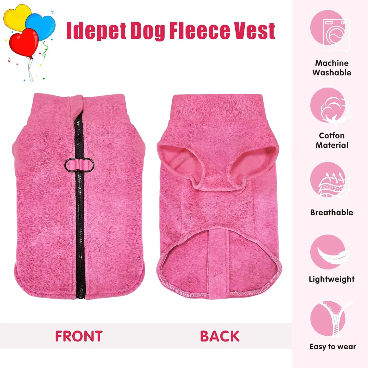 Idepet Dog Fleece Vest Sweater Zip Up Warm Pullover Dogs Jacket with D-Ring Leash Winter Cold Weater Coat Pet Sweatershirt Clothes Hoodie for Small Medium Dogs Boy Girl (Rose Red, XL)