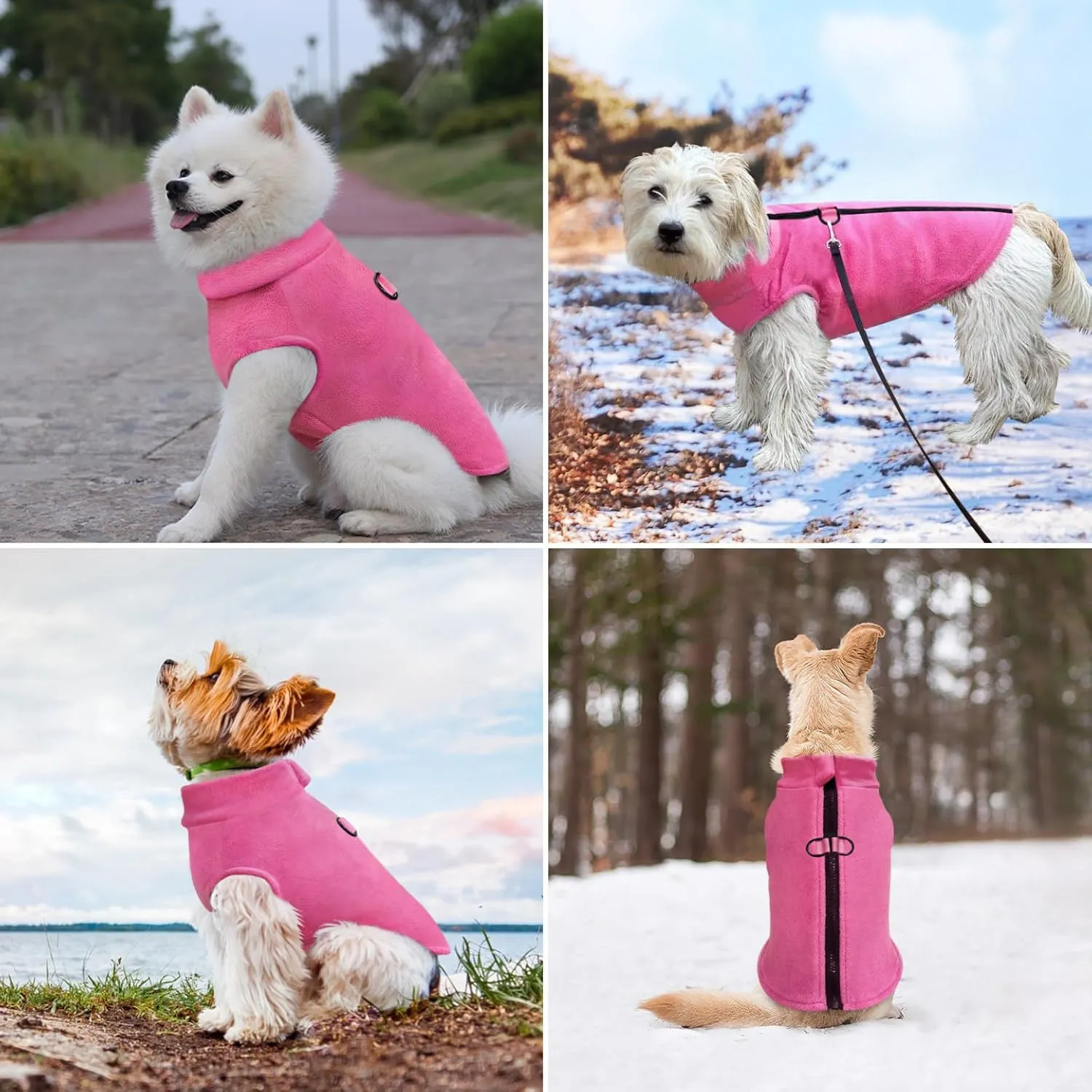Idepet Dog Fleece Vest Sweater Zip Up Warm Pullover Dogs Jacket with D-Ring Leash Winter Cold Weater Coat Pet Sweatershirt Clothes Hoodie for Small Medium Dogs Boy Girl (Rose Red, XL)