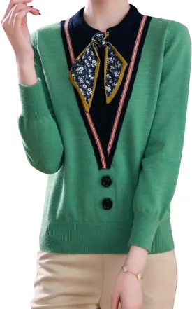 LAI MENG FIVE CATS Women's Fall Tie Neck Sweater Shirt Long Sleeve Patchwork Knit Pullover Blouse Tops