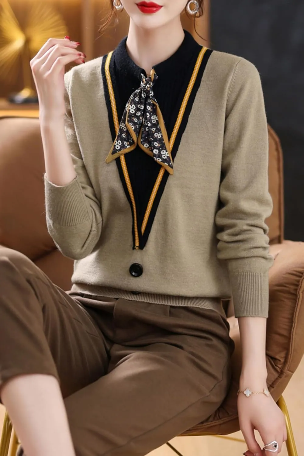 LAI MENG FIVE CATS Women's Fall Tie Neck Sweater Shirt Long Sleeve Patchwork Knit Pullover Blouse Tops