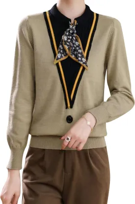 LAI MENG FIVE CATS Women's Fall Tie Neck Sweater Shirt Long Sleeve Patchwork Knit Pullover Blouse Tops