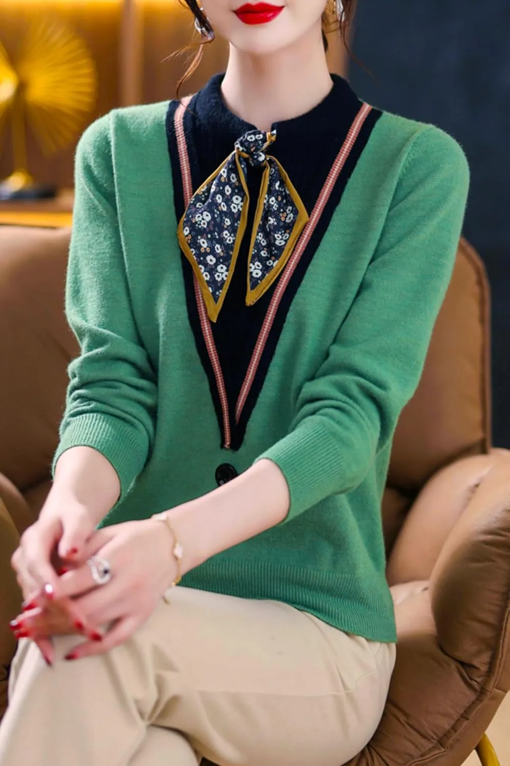 LAI MENG FIVE CATS Women's Fall Tie Neck Sweater Shirt Long Sleeve Patchwork Knit Pullover Blouse Tops