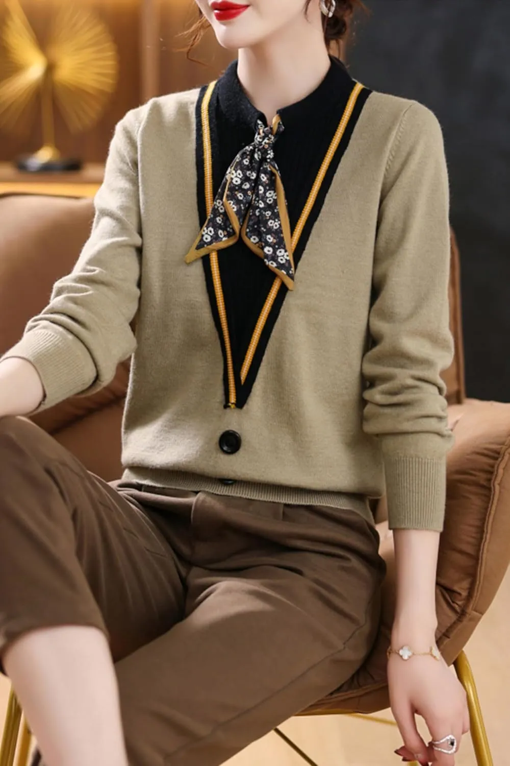 LAI MENG FIVE CATS Women's Fall Tie Neck Sweater Shirt Long Sleeve Patchwork Knit Pullover Blouse Tops