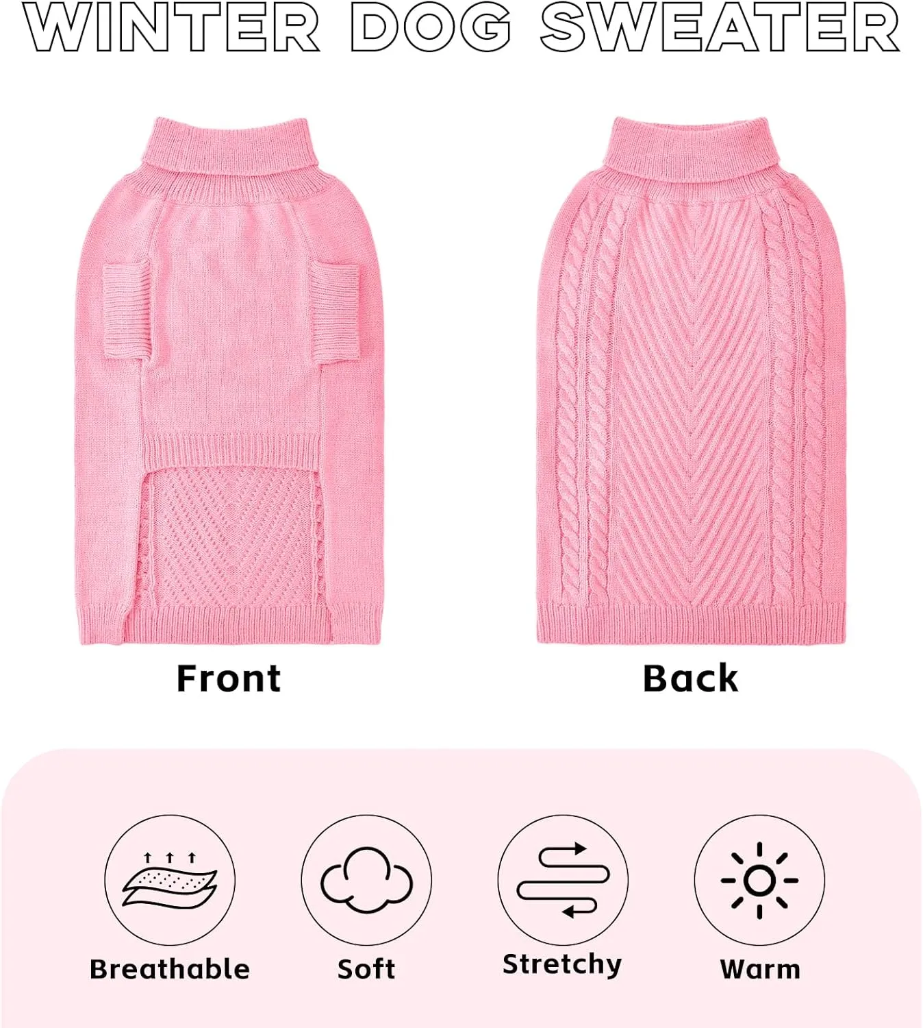 Large Dog Sweater, Thermal Knitted Dog Sweater for Cold Weather,Turtleneck Long Sleeve Cable Knitwear, Large Solid Pullover Pet Sweater for Medium Large Dogs SM Pink