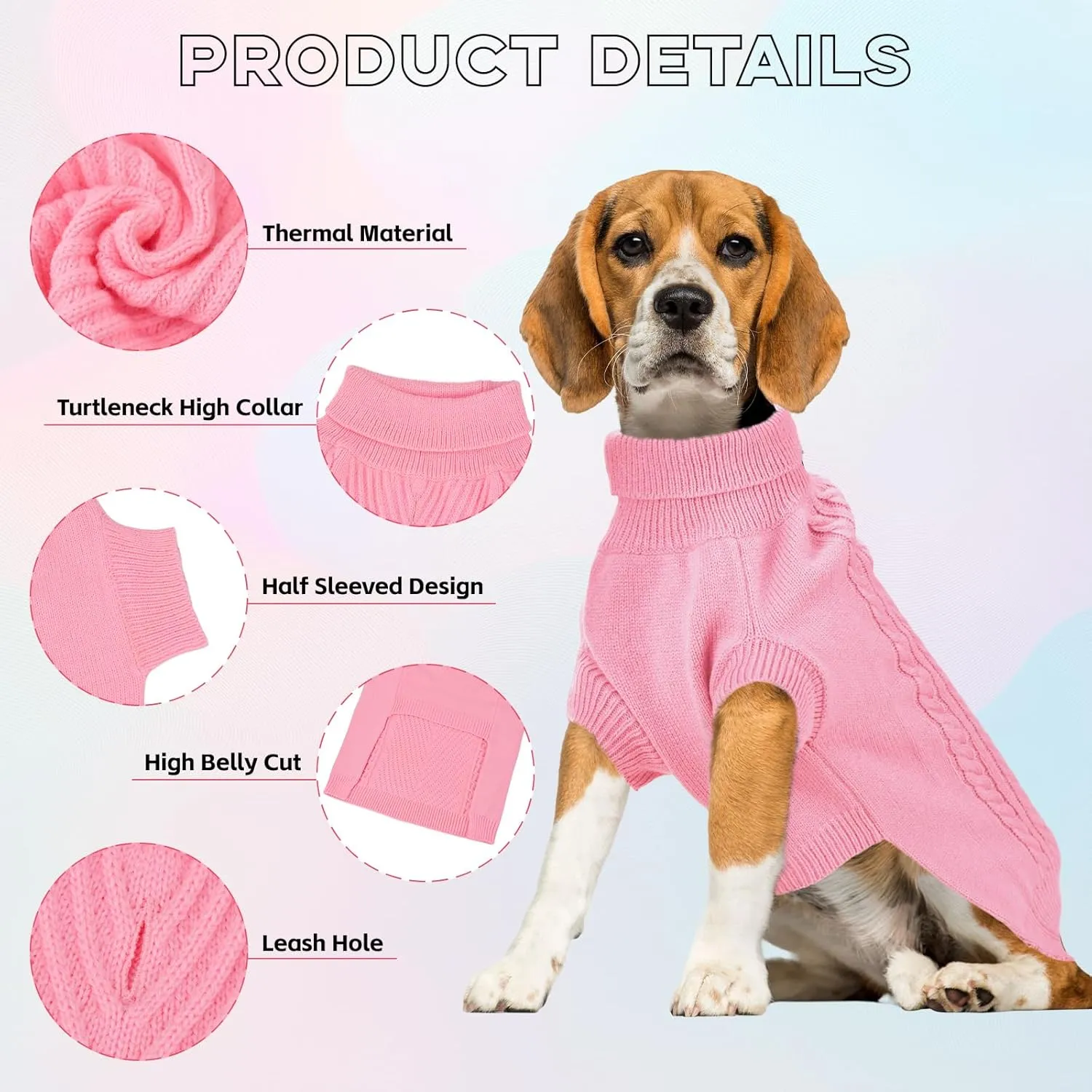 Large Dog Sweater, Thermal Knitted Dog Sweater for Cold Weather,Turtleneck Long Sleeve Cable Knitwear, Large Solid Pullover Pet Sweater for Medium Large Dogs SM Pink