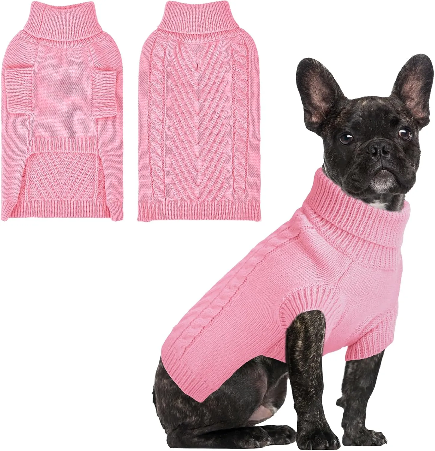 Large Dog Sweater, Thermal Knitted Dog Sweater for Cold Weather,Turtleneck Long Sleeve Cable Knitwear, Large Solid Pullover Pet Sweater for Medium Large Dogs SM Pink